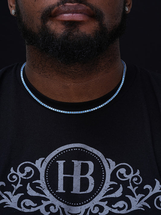 Tennis Chain Necklace Iced Out Blue CZ Stones - 925 Silver - 3mm - 16"-28"