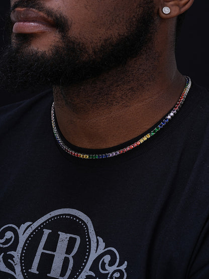 Tennis Chain Necklace Iced Out Rainbow CZ Stones - 14k Yellow Gold Vermeil Or 925 Silver - 4mm - 16"-20"