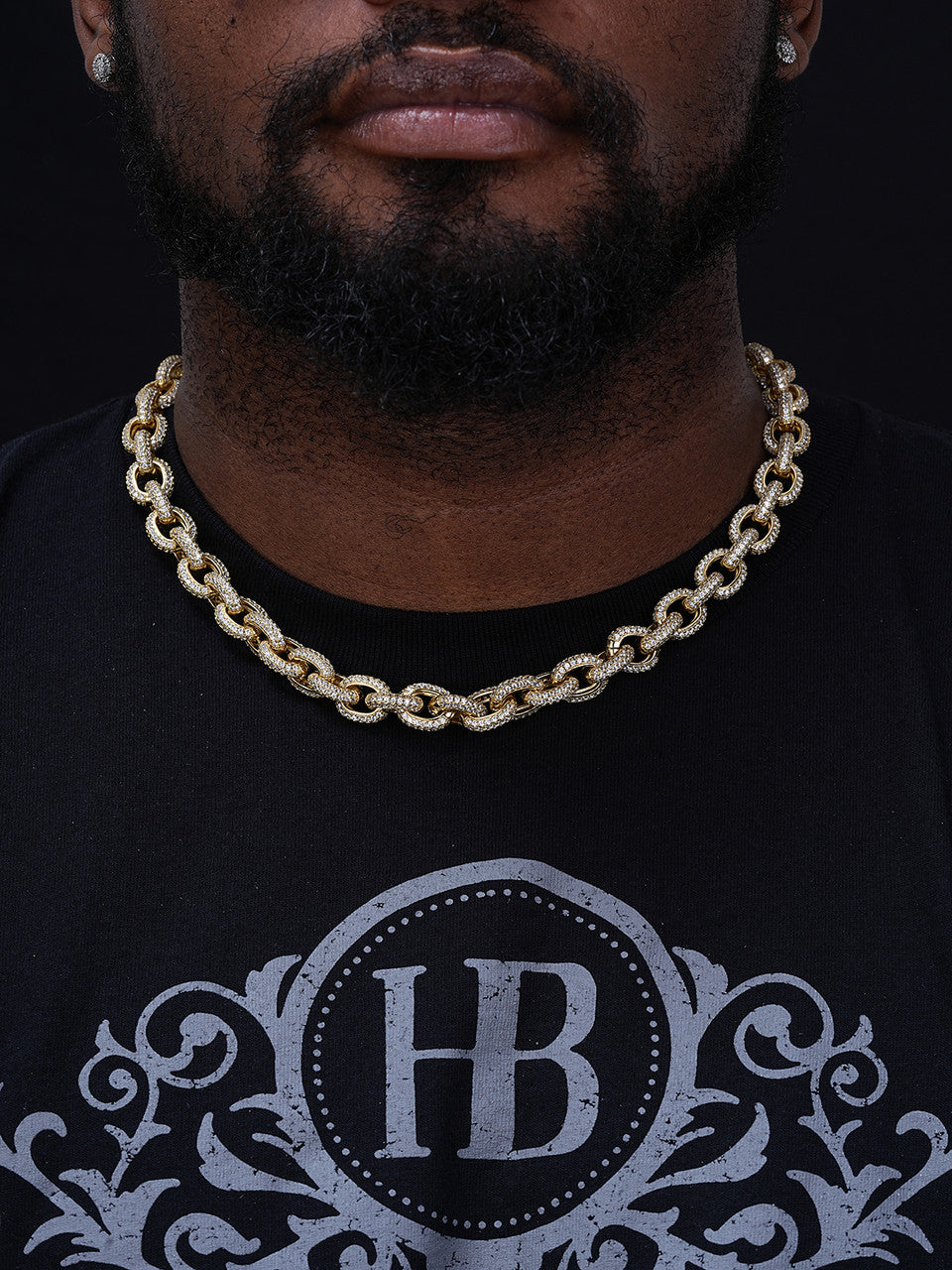 Rolo Hermes Link Chain Necklace Iced Out CZ Stones - Gold Vermeil 925 Silver - 12.5mm - 18-30"