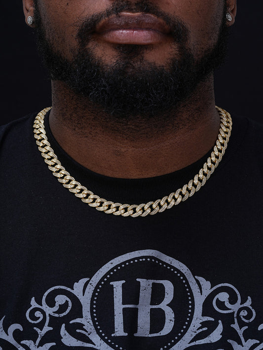 Flat Miami Cuban Link Chain Necklace Iced Out CZ Stones -14k Gold Vermeil & 925 Silver - 12mm - 18-30"