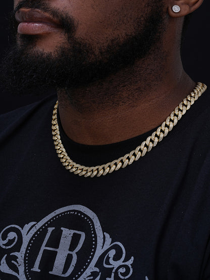 Flat Miami Cuban Link Chain Necklace Iced Out CZ Stones -14k Gold Vermeil & 925 Silver - 12mm - 18-30"