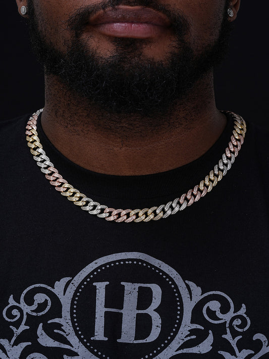 Flat Miami Cuban Link Chain Necklace Iced Out CZ Stones - Tricolor 14k Yellow & Rose Gold Vermeil & 925 Silver - 12mm - 18-30"