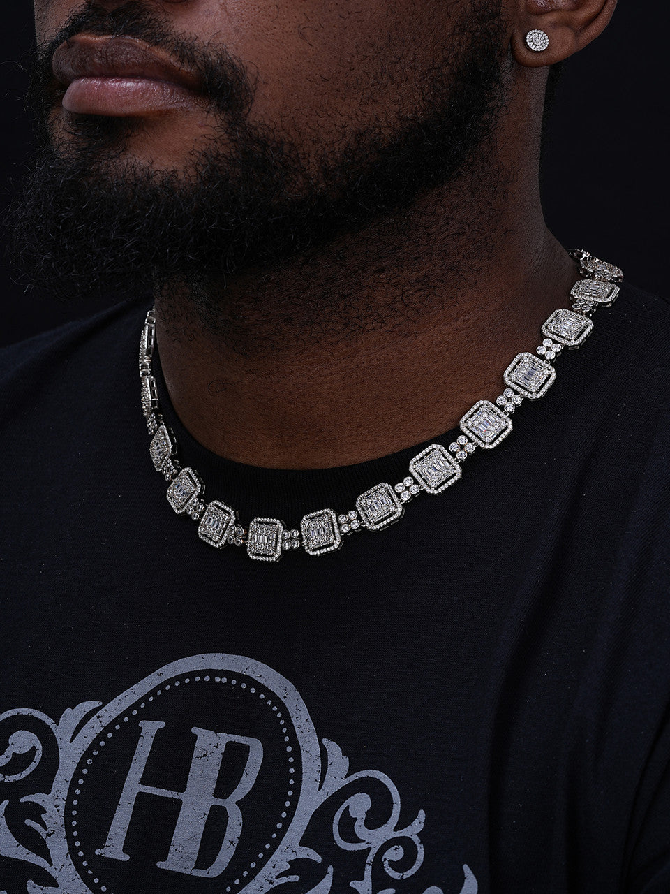 925 Sterling Silver Baguette Link Chain Iced 16mm Men's Diamond