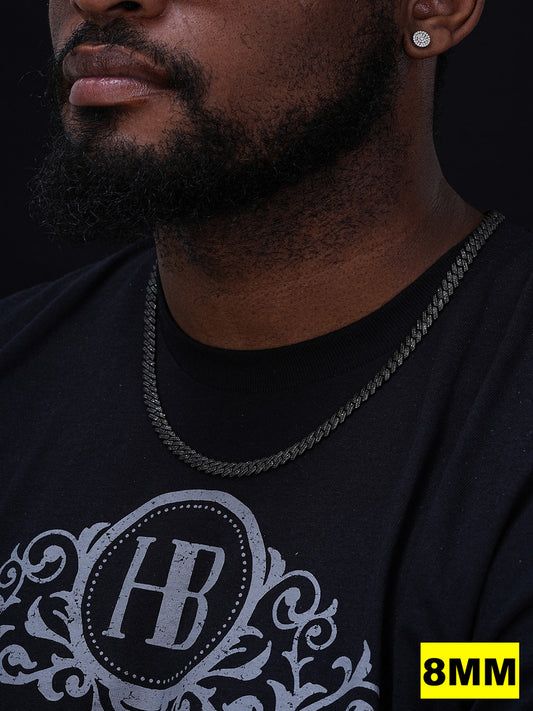 BLACK MOISSANITE 8mm Real Miami Cuban Link Prong Chain Iced Black Rhodium Over 925 Silver Necklace