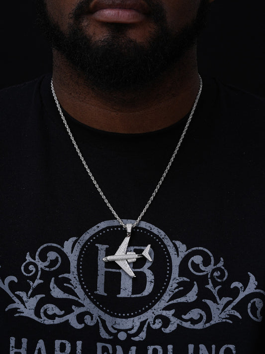 Airplane Flight Hip Hop Pendant - 14k Gold Vermeil Or 925 Silver - CZ Stones - Medium 2"