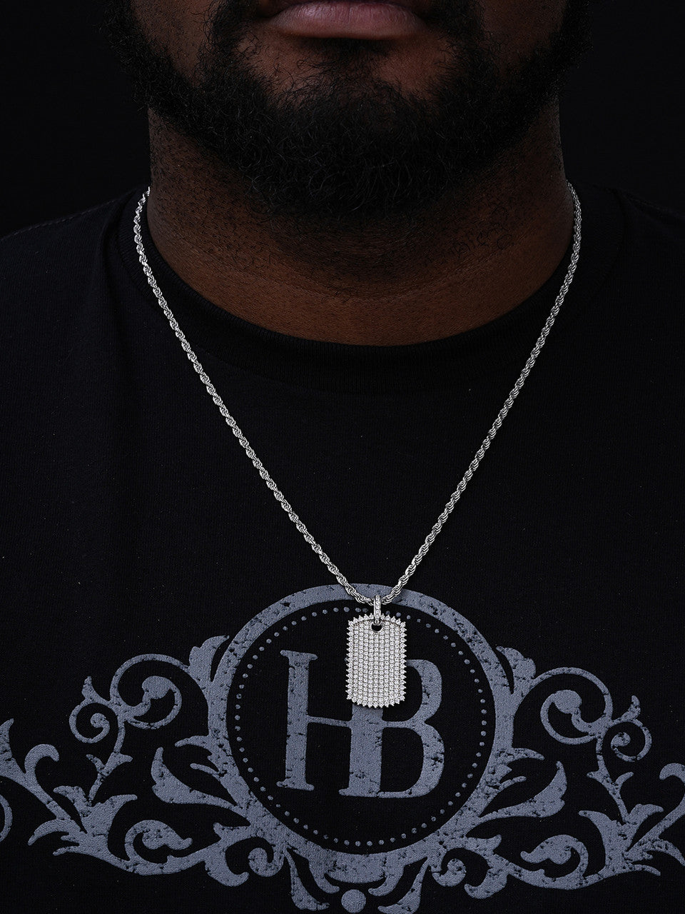 MOISSANITE Dog Tag Pendant - Silver - Mens Hip Hop Necklace