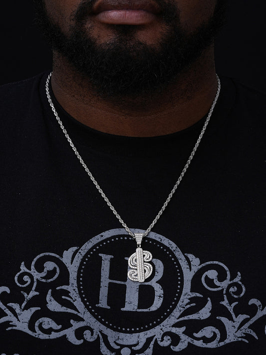 Iced Out Dollar $ Sign Money Pendant - 14k Gold Vermeil Or 925 Silver - CZ Stones - Medium 1.75"