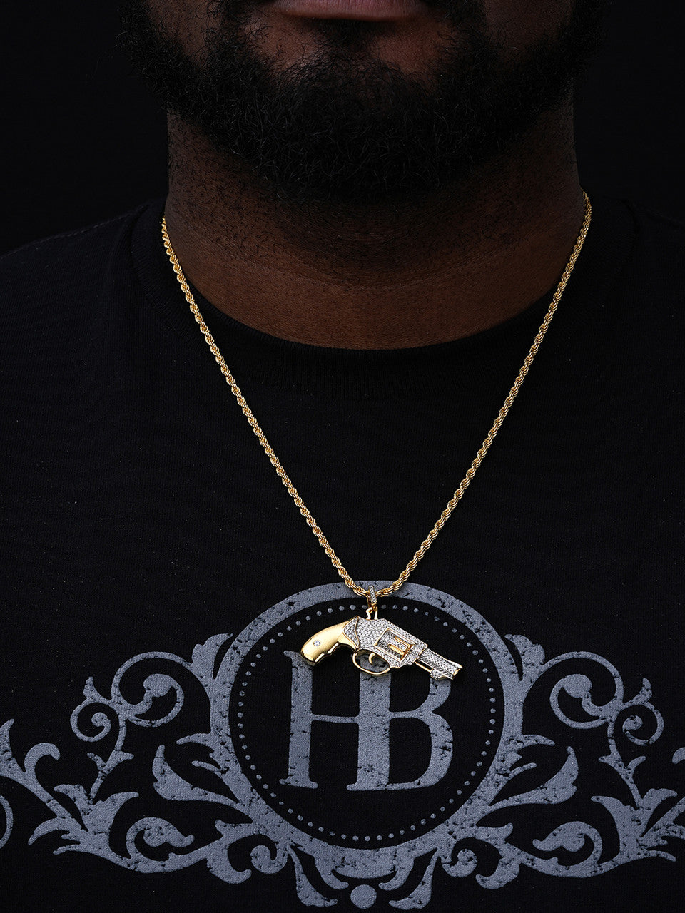 Pistol Revolver Gun HipHop Pendant - 14k Gold Vermeil Or 925 Silver - CZ Stones - Medium 2"