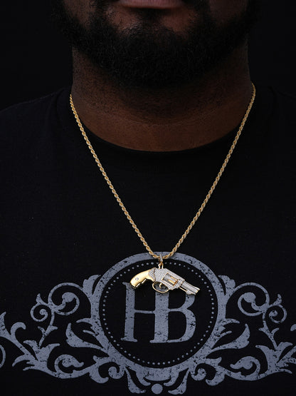Pistol Revolver Gun HipHop Pendant - 14k Gold Vermeil Or 925 Silver - CZ Stones - Medium 2"