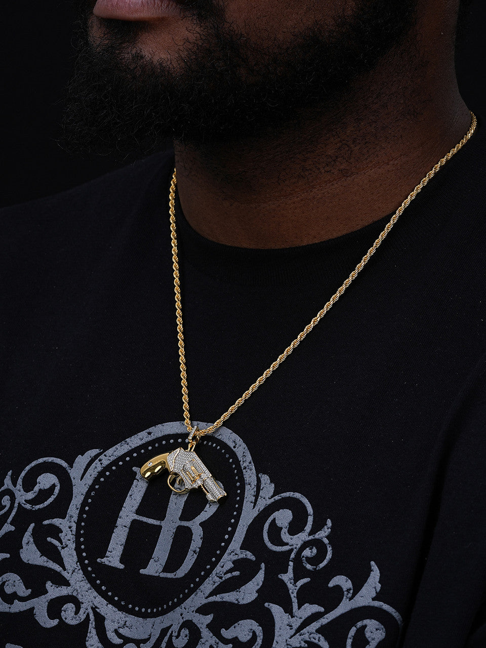 Pistol Revolver Gun HipHop Pendant - 14k Gold Vermeil Or 925 Silver - CZ Stones - Medium 2"