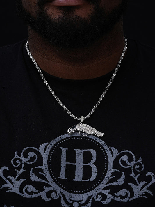 Pistol Revolver Gun HipHop Pendant - 14k Gold Vermeil Or 925 Silver - CZ Stones - Medium 2"
