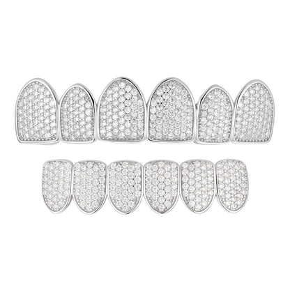 6 Teeth Top, Bottom, Or Set Iced Out Grillz - CZ Stones - 925 Silver