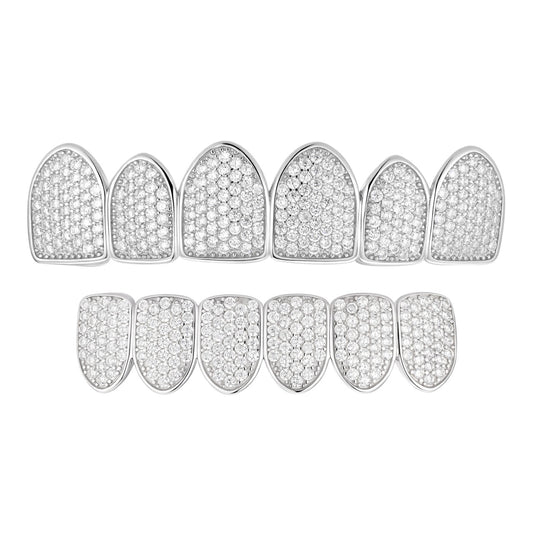 6 Teeth Top, Bottom, Or Set Iced Out Grillz - CZ Stones - 925 Silver