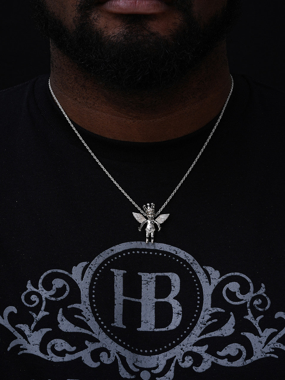 Crowned Guardian Angel Hip Hop Pendant - 14k Gold Vermeil Or 925 Silver - CZ Stones - Small 1"