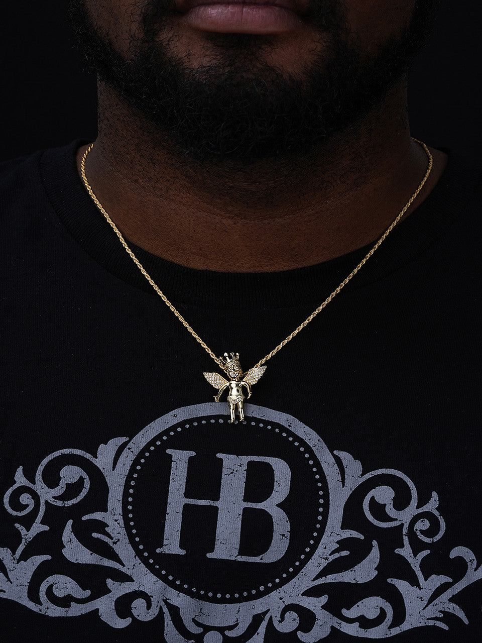Crowned Guardian Angel Hip Hop Pendant - 14k Gold Vermeil Or 925 Silver - CZ Stones - Small 1"