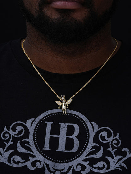 Crowned Guardian Angel Hip Hop Pendant - 14k Gold Vermeil Or 925 Silver - CZ Stones - Small 1"