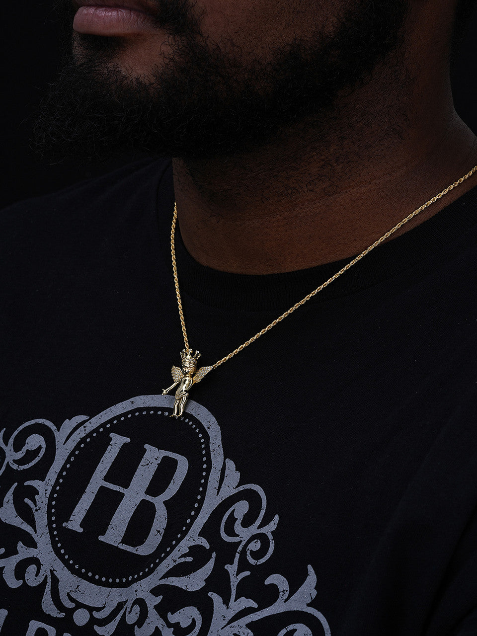 Crowned Guardian Angel Hip Hop Pendant - 14k Gold Vermeil Or 925 Silver - CZ Stones - Small 1"
