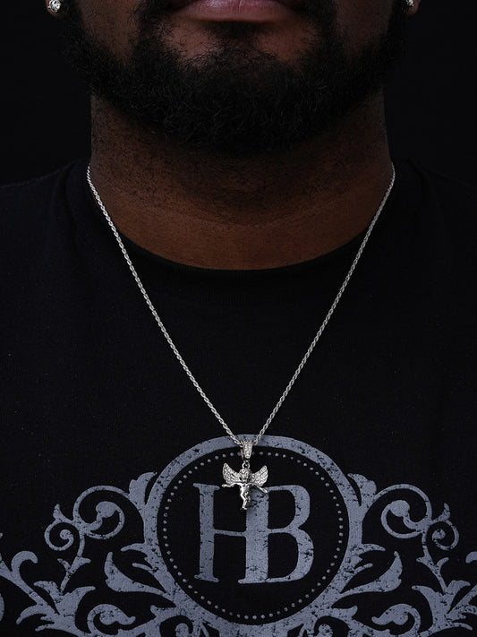 Micro Iced Guardian Winged Angel Pendant - 14k Gold Vermeil Or 925 Silver - CZ Stones - Small 1"