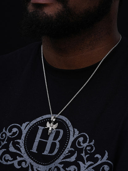 Micro Iced Guardian Winged Angel Pendant - 14k Gold Vermeil Or 925 Silver - CZ Stones - Small 1"