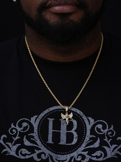 Micro Iced Guardian Winged Angel Pendant - 14k Gold Vermeil Or 925 Silver - CZ Stones - Small 1"