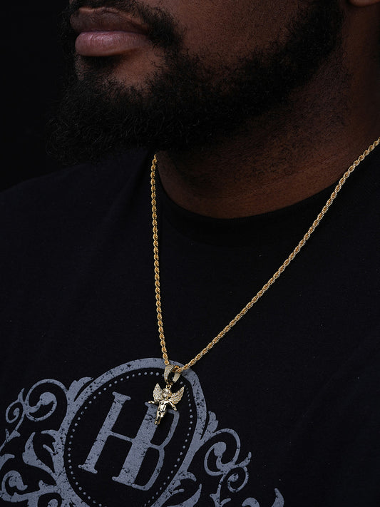 Micro Iced Guardian Winged Angel Pendant - 14k Gold Vermeil Or 925 Silver - CZ Stones - Small 1"