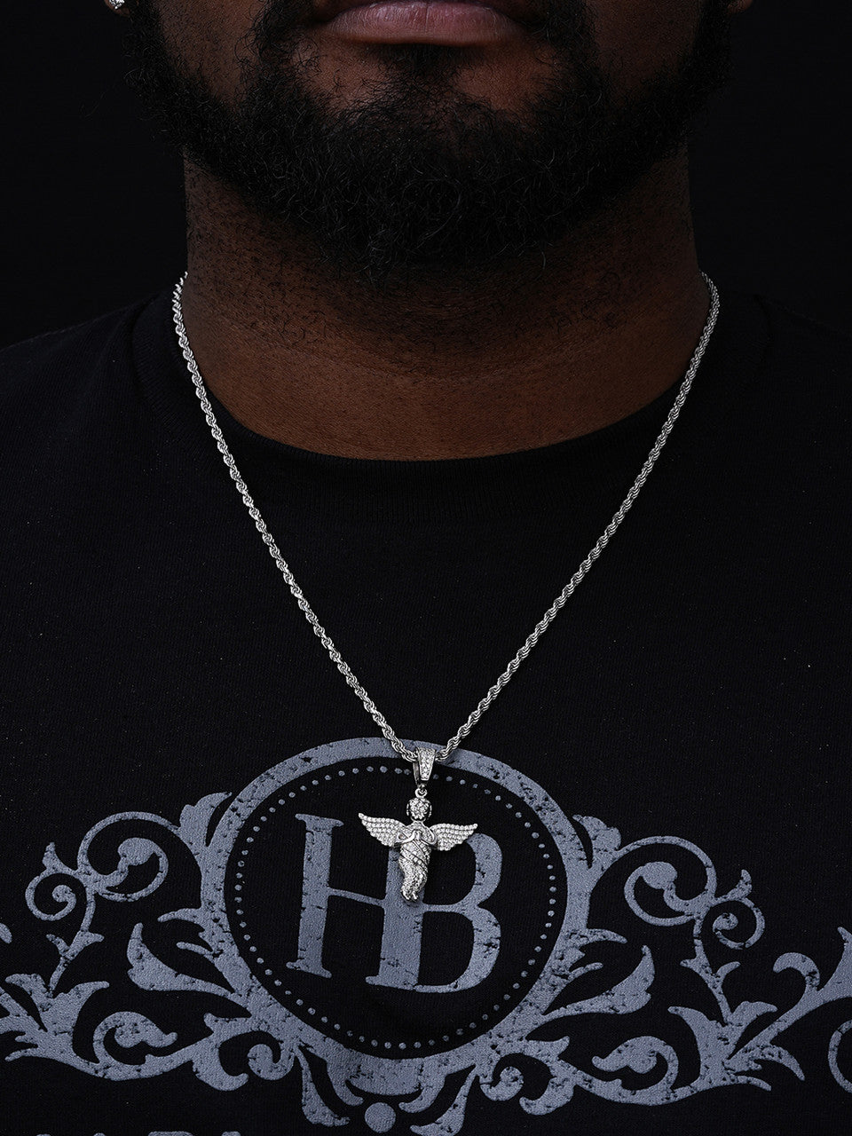 Solid 925 Silver Angel Hip Hop Pendant Iced Diamond Gold Necklace