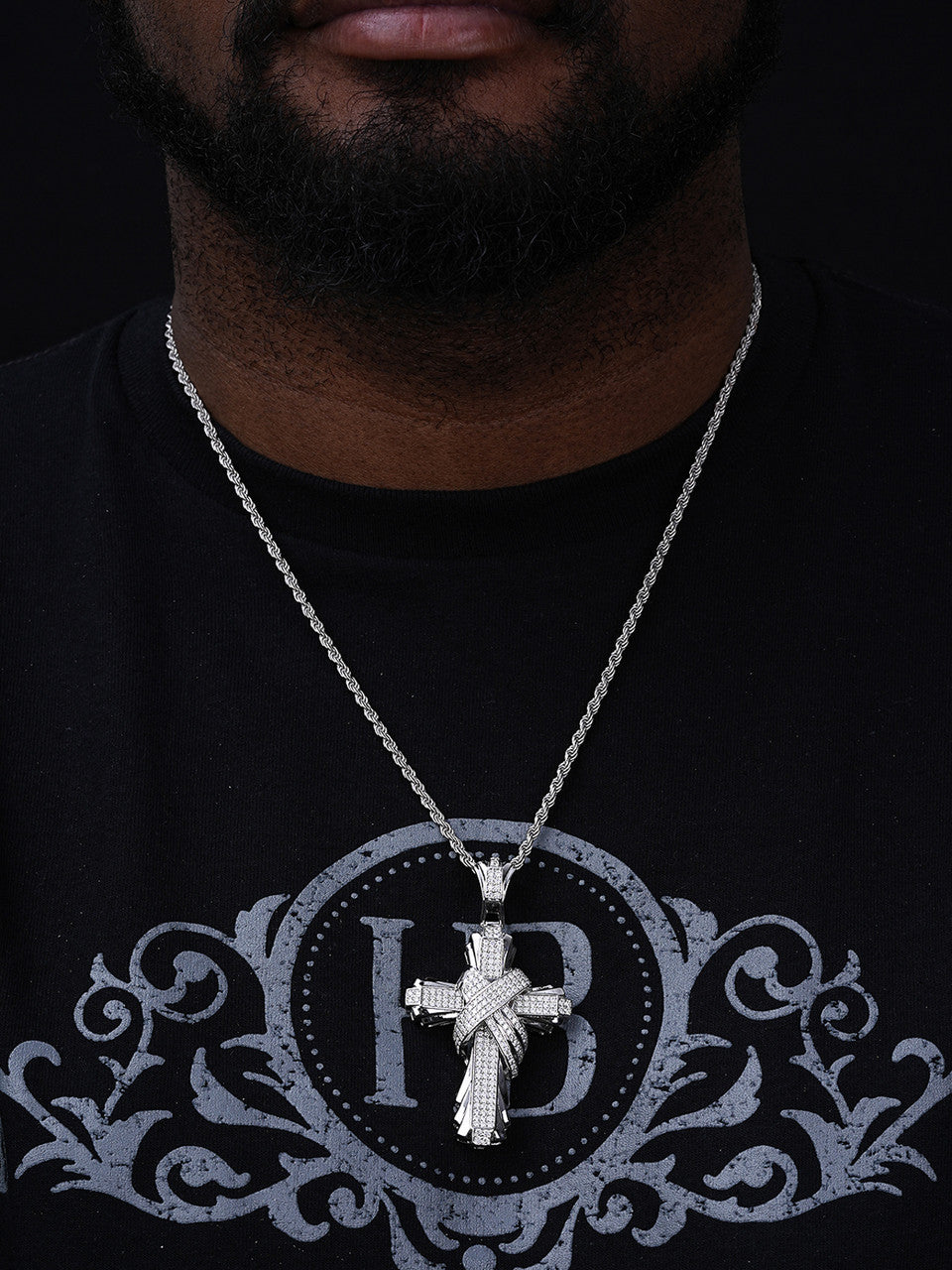 Mens Large Fully Iced Out Triple Cross Pendant with 24 Chain Mens Large Fully Iced Out Triple Cross Pendant with 24 Chain