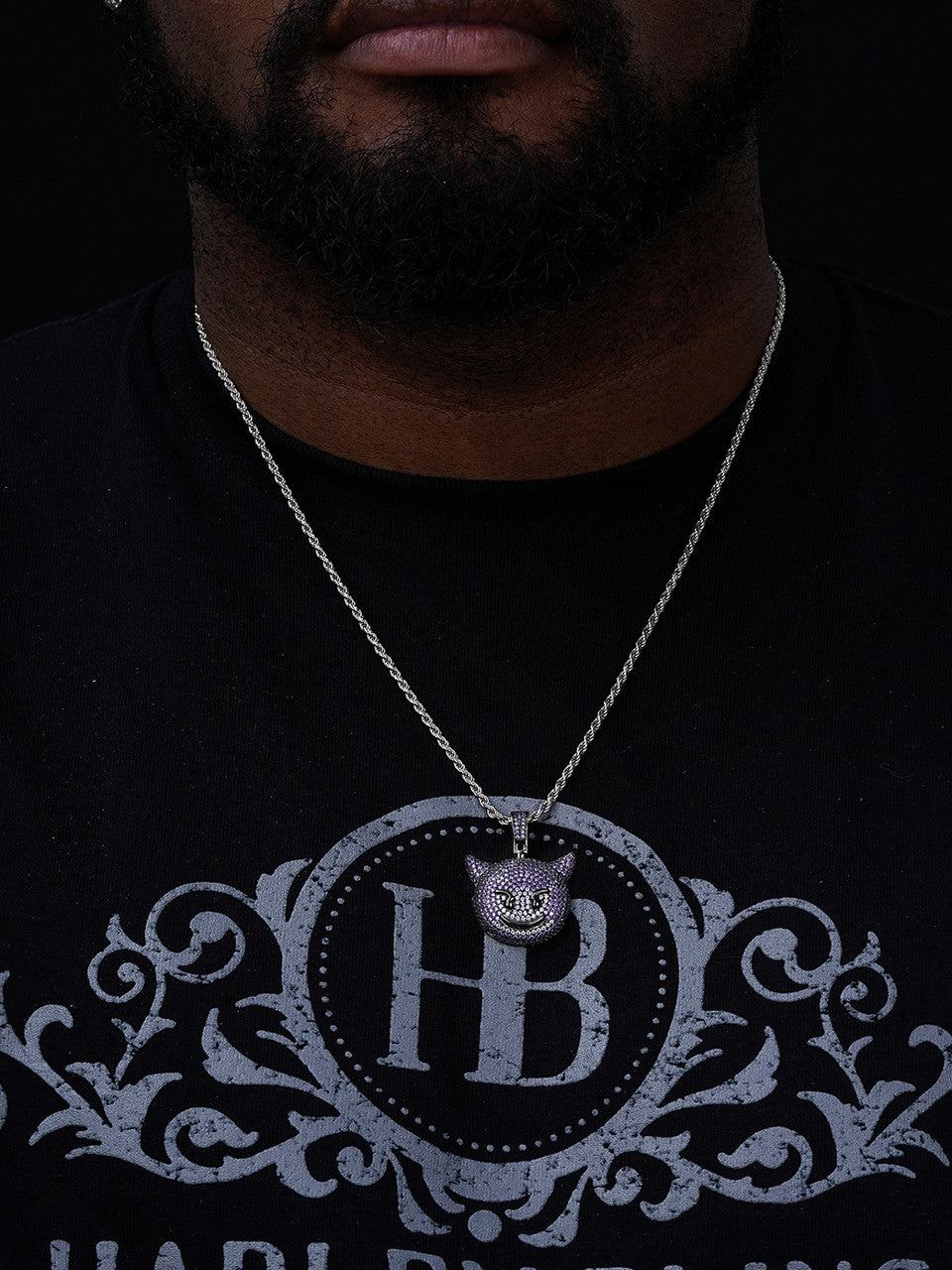 Smiling Devil Emoji Pendant - 925 Silver - CZ Stones - Small 1"