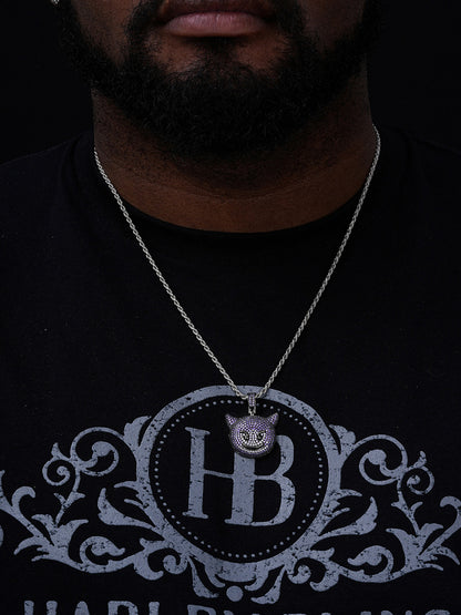 Smiling Devil Emoji Pendant - 925 Silver - CZ Stones - Small 1"