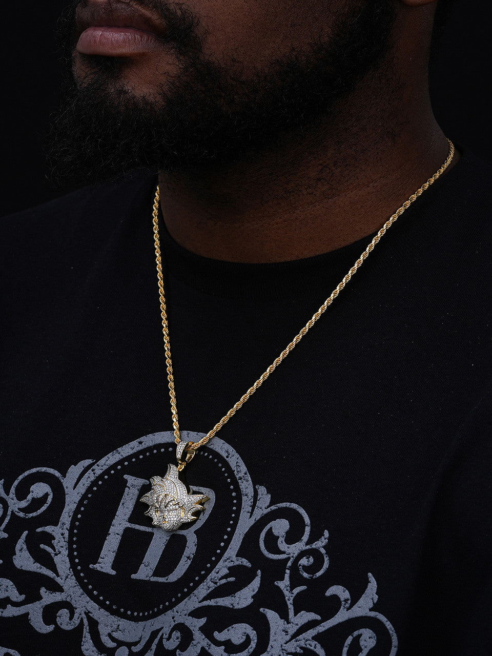 MOISSANITE Goku Saiyan Dragon Ball Z Iced Out Pendant - 14k Gold Vermeil Or 925 Silver - Small 1.5"