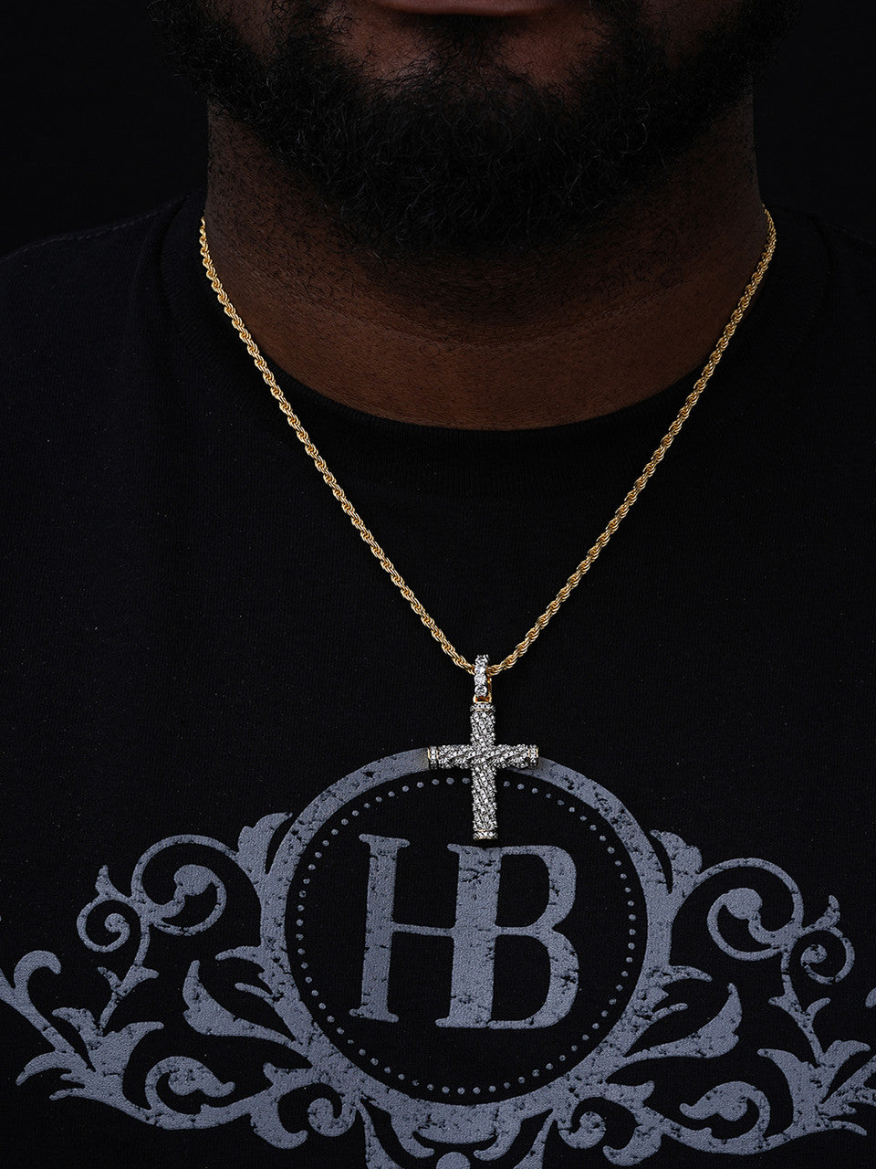 Braided Rope Iced Cross Pendant- 14k Gold Vermeil 925 Silver - CZ Stones - Medium 2"