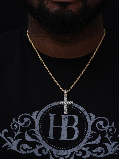 Braided Rope Iced Cross Pendant- 14k Gold Vermeil 925 Silver - CZ Stones - Medium 2"