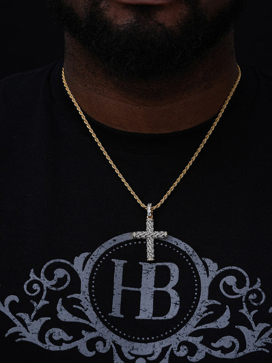 Braided Rope Iced Cross Pendant- 14k Gold Vermeil 925 Silver - CZ Stones - Medium 2"