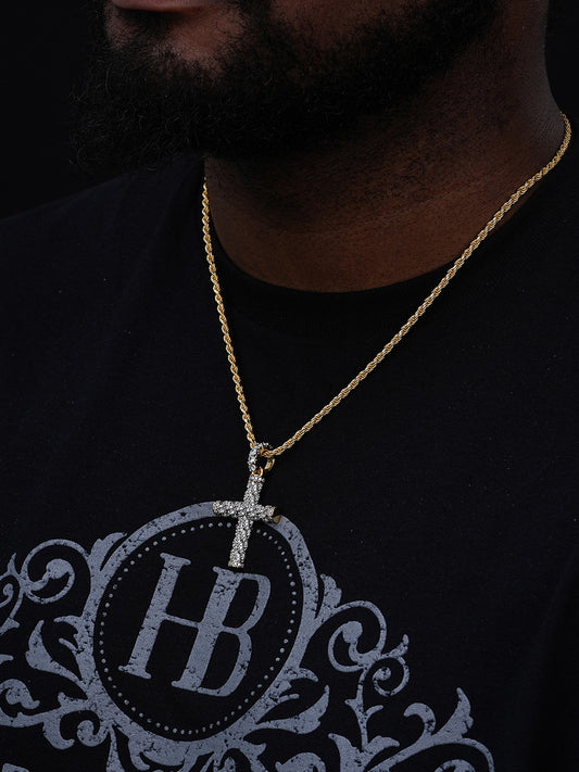 Braided Rope Iced Cross Pendant- 14k Gold Vermeil 925 Silver - CZ Stones - Medium 2"