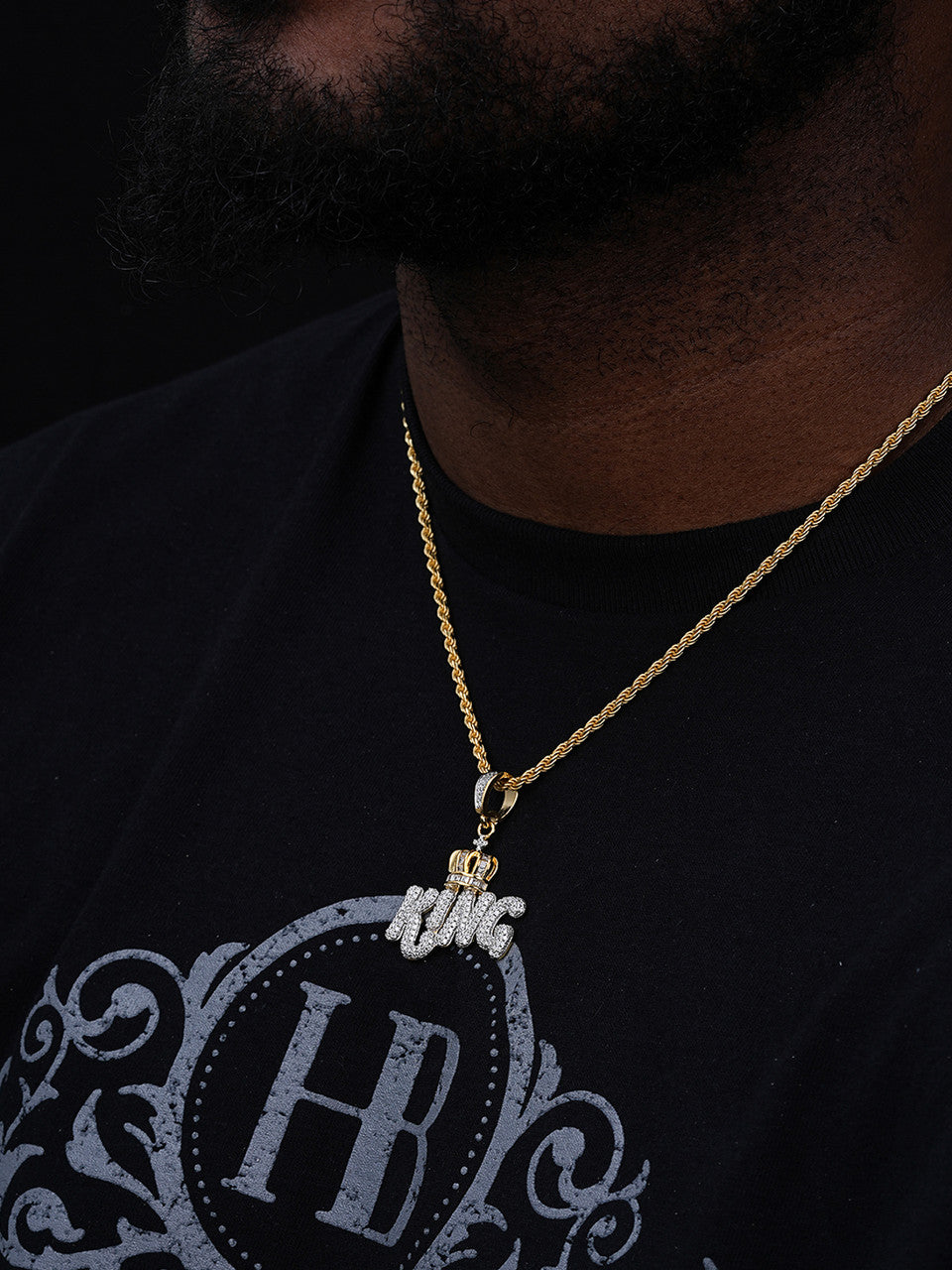 MOISSANITE King W. Crown Hip Hop Pendant - 14k Gold Vermeil Or 925 Silver - Medium 1.75"