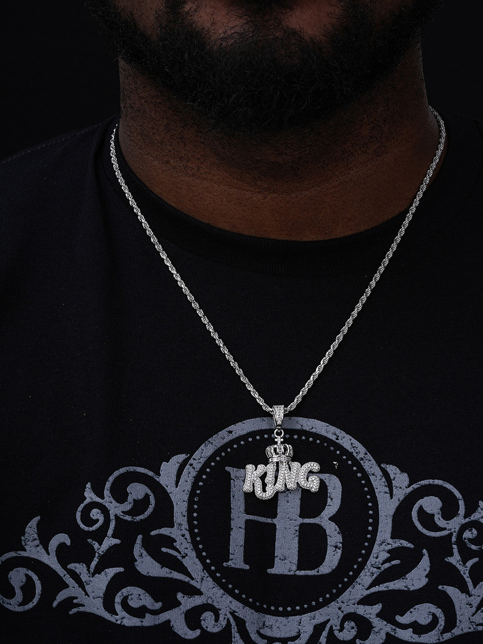 King W. Crown Hip Hop Pendant - 14k Gold Vermeil Or 925 Silver - CZ Stones - Medium 1.75"