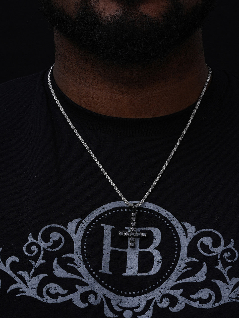 Upside Down Inverted Tennis Cross Pendant - Black Rhodium Over 925 Silver - Black CZ Stones - Medium 2"