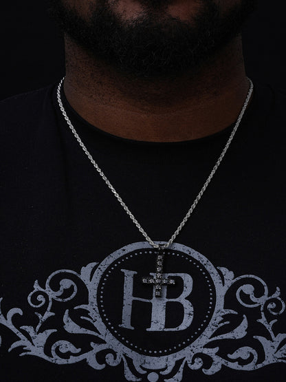 Upside Down Inverted Tennis Cross Pendant - Black Rhodium Over 925 Silver - Black CZ Stones - Medium 2"