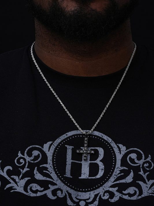Upside Down Inverted Tennis Cross Pendant - Black Rhodium Over 925 Silver - Black CZ Stones - Medium 2"