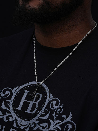 Upside Down Inverted Tennis Cross Pendant - Black Rhodium Over 925 Silver - Black CZ Stones - Medium 2"