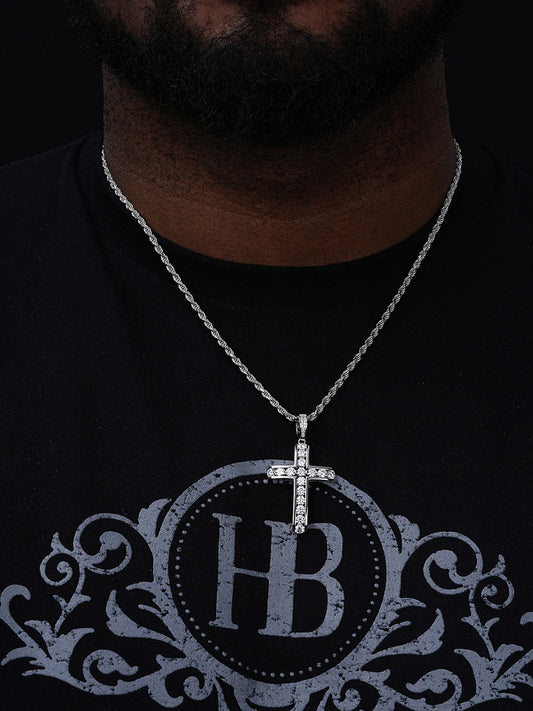 Channel Set Iced Out Tennis Cross - 14k Gold Vermeil Or 925 Silver - CZ Stones - Medium 2"