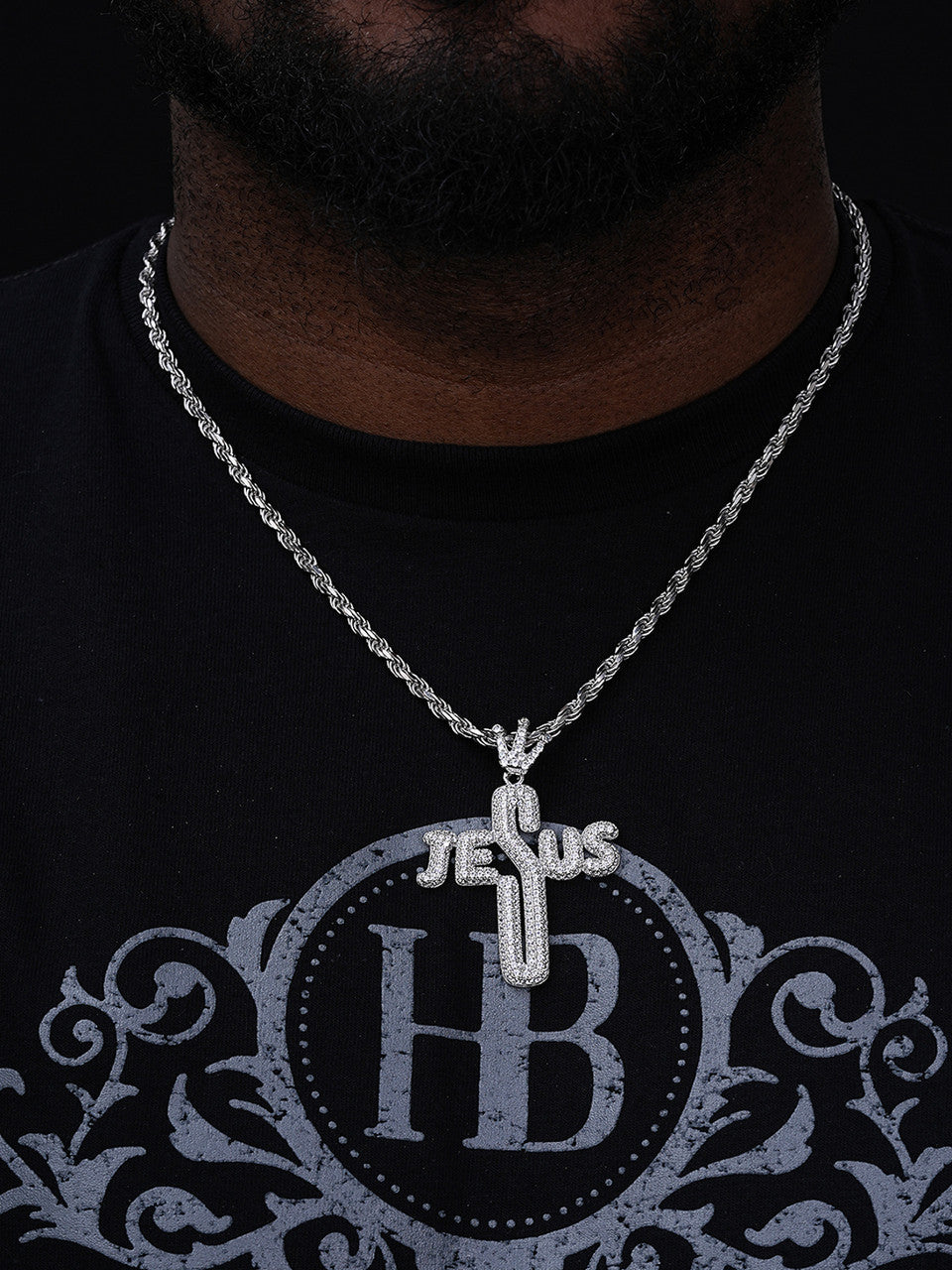 Cross W. Crown Jesus Piece Pendant - 14k Gold Vermeil Or 925 Silver - CZ Stones - Large 2.5"