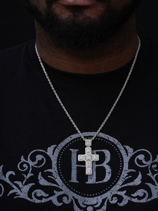 Baguette Big Boy Iced Cross Pendant- 14k Yellow/Rose Gold Vermeil Or 925 Silver - CZ Stones - Medium 2"