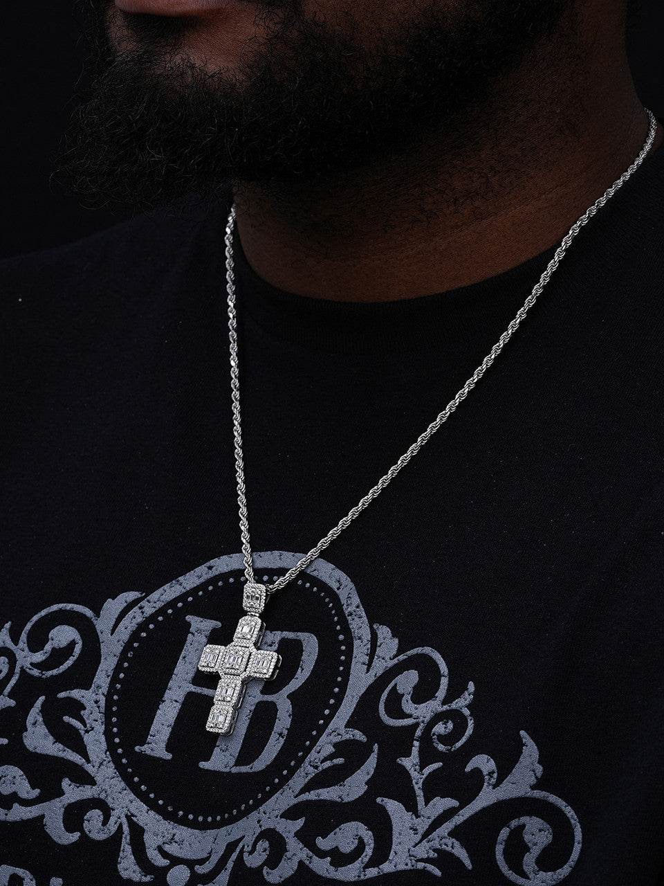 Men‚Äôs Real Solid 925 Silver Mens Large Iced Baguette Diamond Cross Necklace 2"