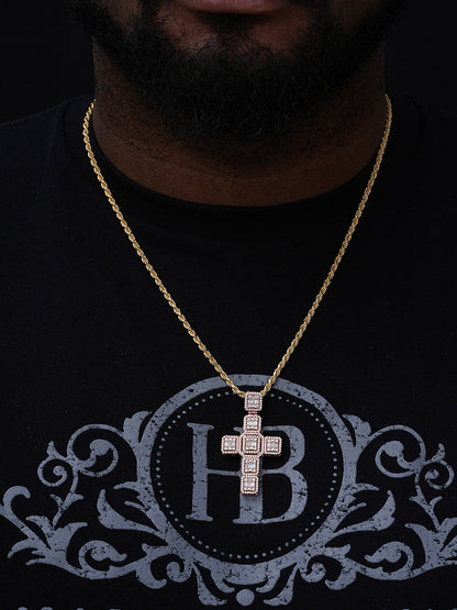 Rose Gold Over  Solid 925 Silver Men's Large Baguette Diamond Cross Necklace 2"