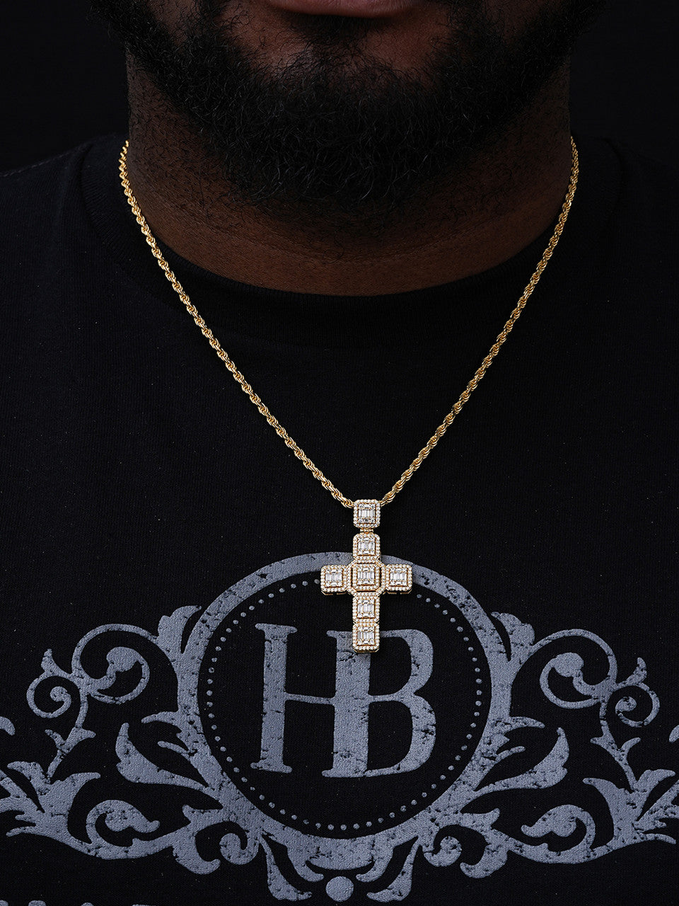 Yellow Gold Over Solid 925 Silver Men's Large Baguette Diamond Cross Necklace 2"