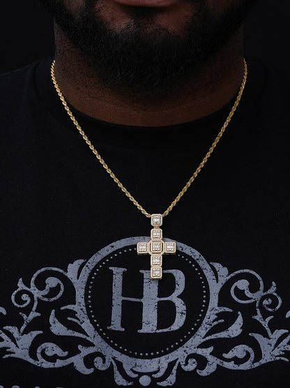 Yellow Gold Over Solid 925 Silver Men's Large Baguette Diamond Cross Necklace 2"