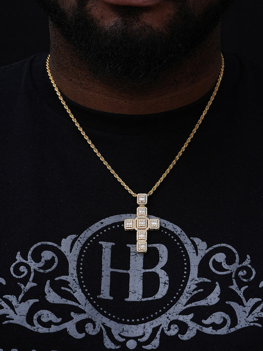 Yellow Gold Over Solid 925 Silver Men's Large Baguette Diamond Cross Necklace 2"