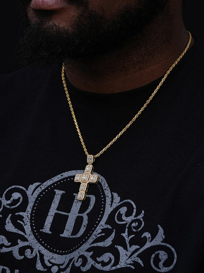 Yellow Gold Over Solid 925 Silver Men's Large Baguette Diamond Cross Necklace 2"