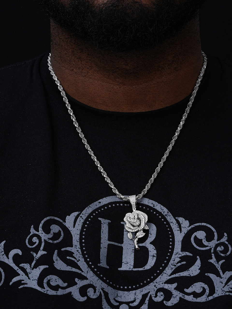 Rose Flower Iced Out Pendant - 14k Gold Vermeil Or 925 Silver - CZ Stones - Medium 2.25"